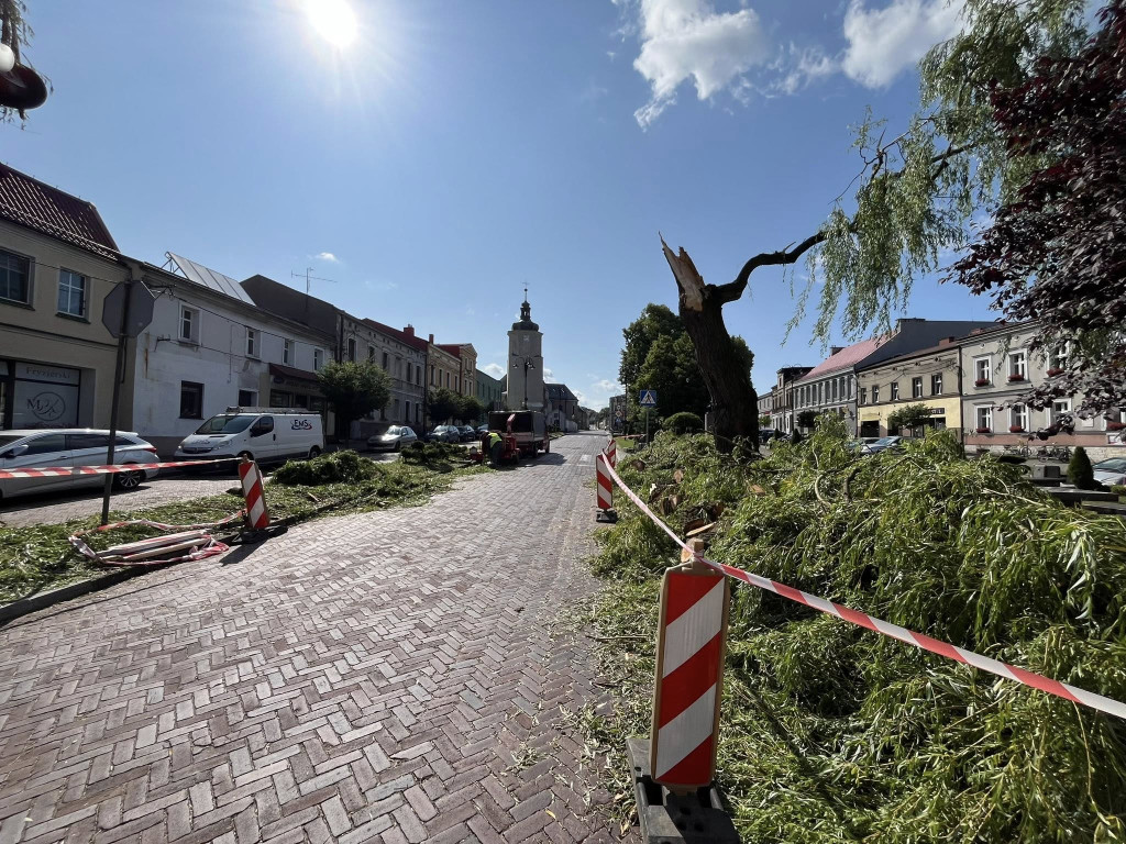 Silny wiatr złamał wierzbę na rynku